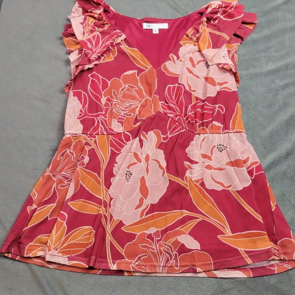DR2 Womens Floral Ruffle Sleeve Top Small Pink Orange Fabric Blend Babydoll Cut